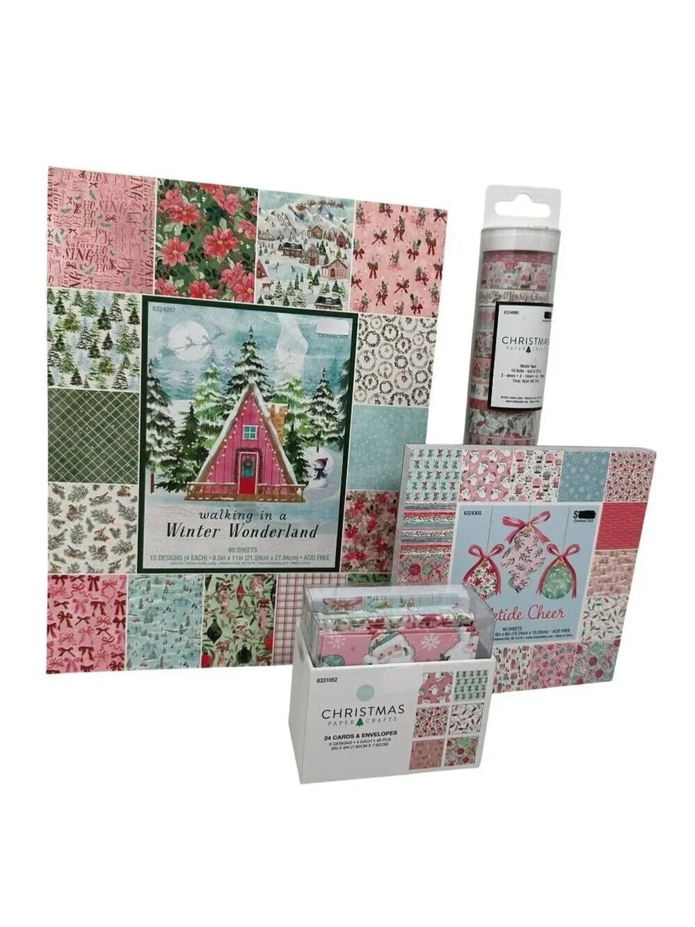 Christmas Paper Crafts Set Pink Holiday Scrapbook Holiday Packs Cards Washi Tape